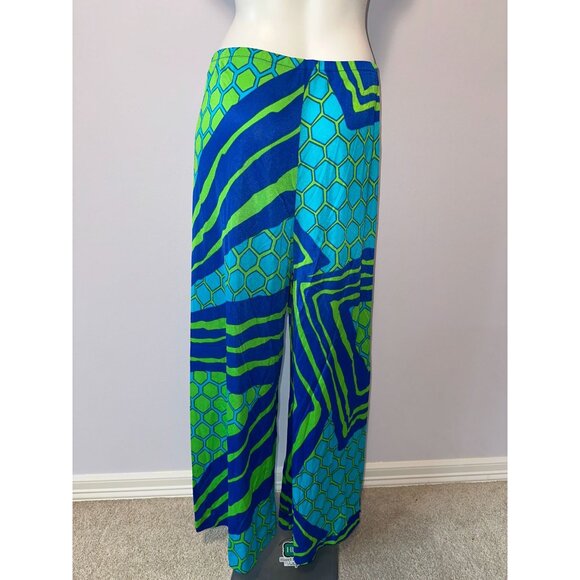 Vtg 70s Kamehameha Blue Green Abstract Geometric Hawaiian Pants Wide Leg Large - Picture 5 of 7